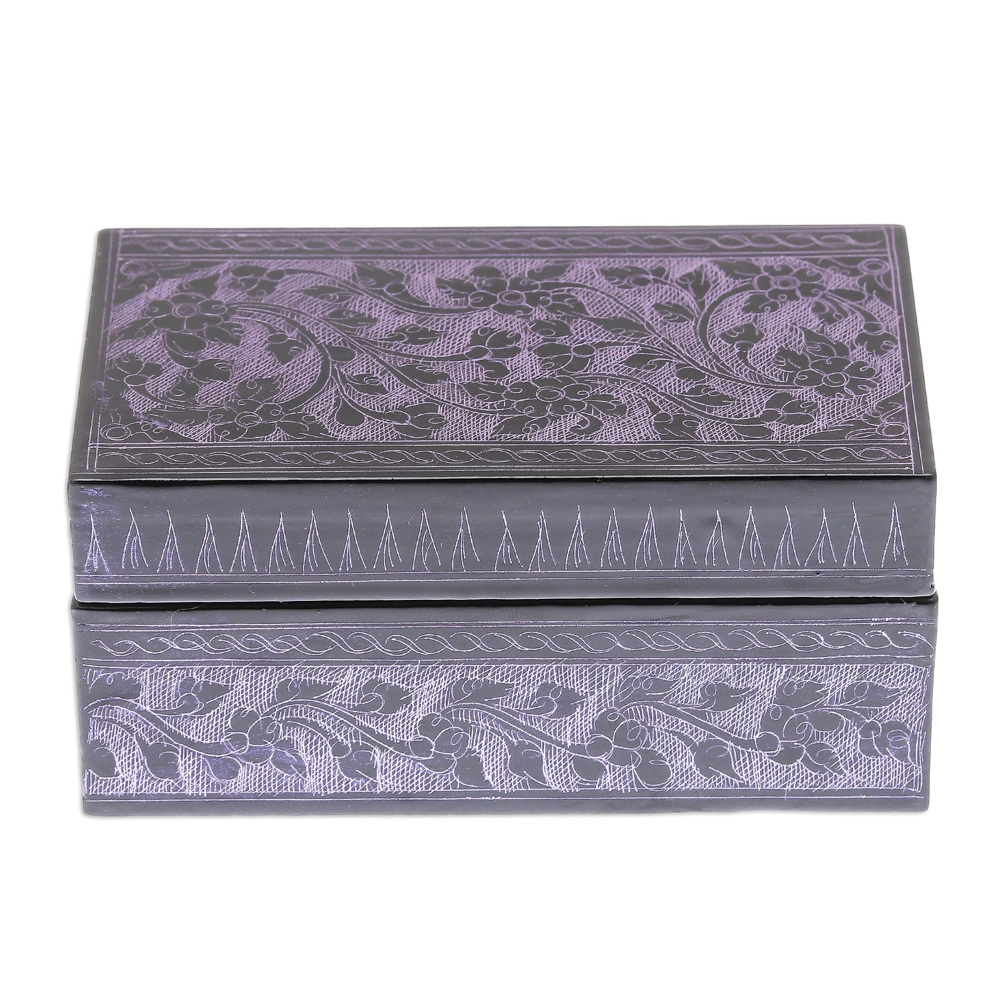 Handcrafted Lacquered Wood Decorative Box - Blossoming in Purple