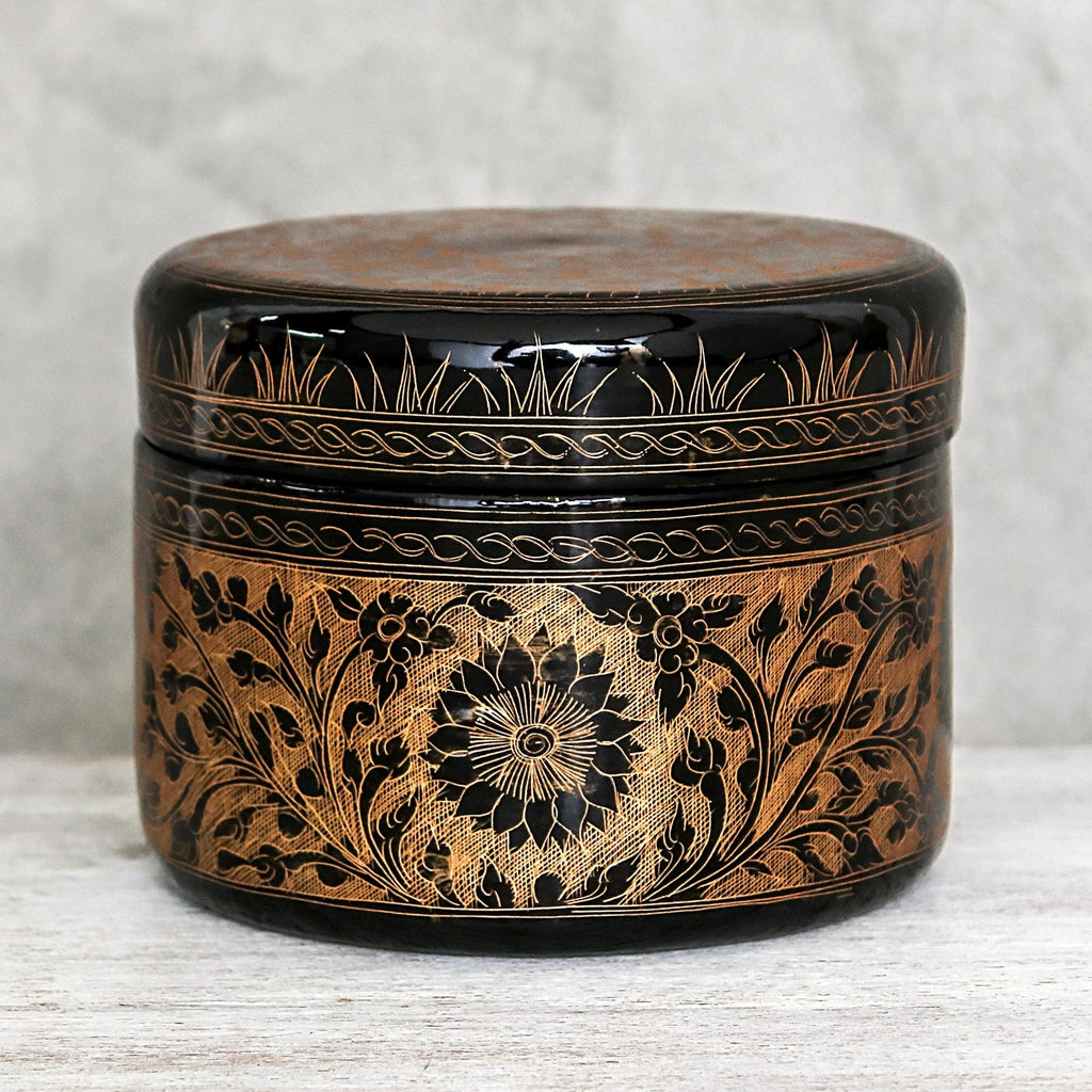 Round Mango Wood Decorative Box in Gold from Thailand - Exotic Flora in Gold