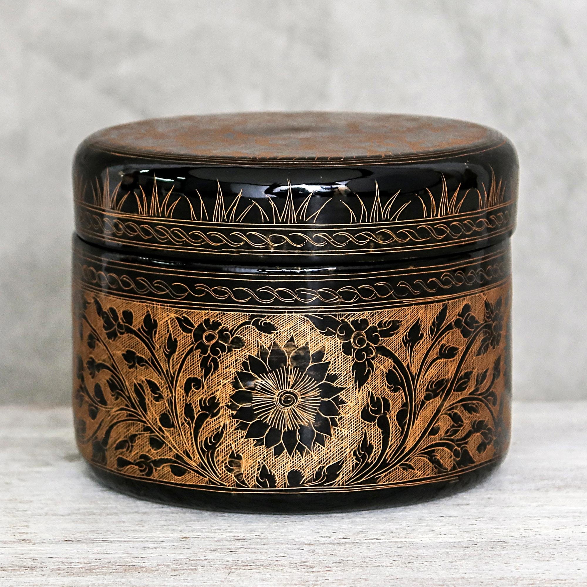 Round Mango Wood Decorative Box in Gold from Thailand - Exotic Flora in Gold