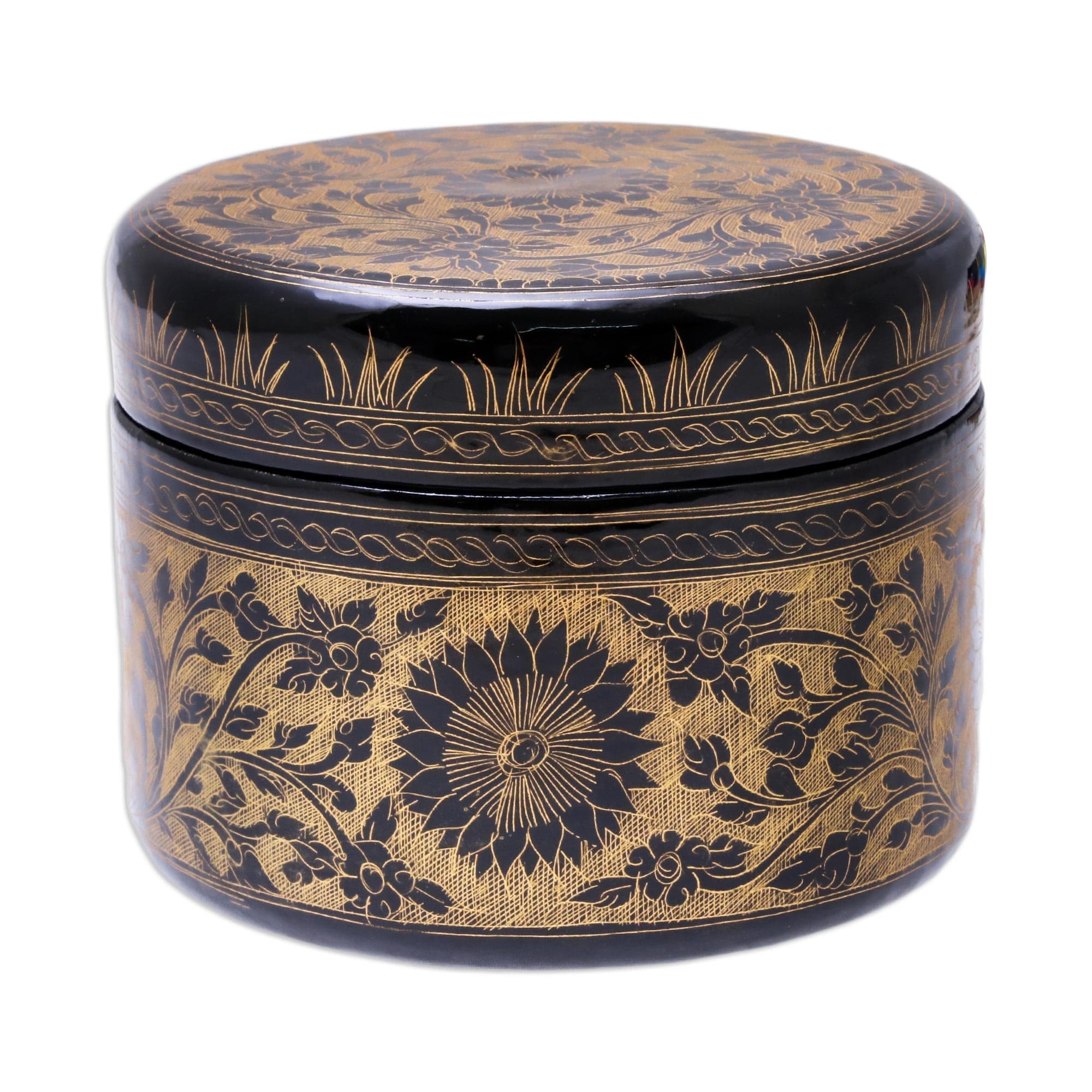 Round Mango Wood Decorative Box in Gold from Thailand - Exotic Flora in Gold