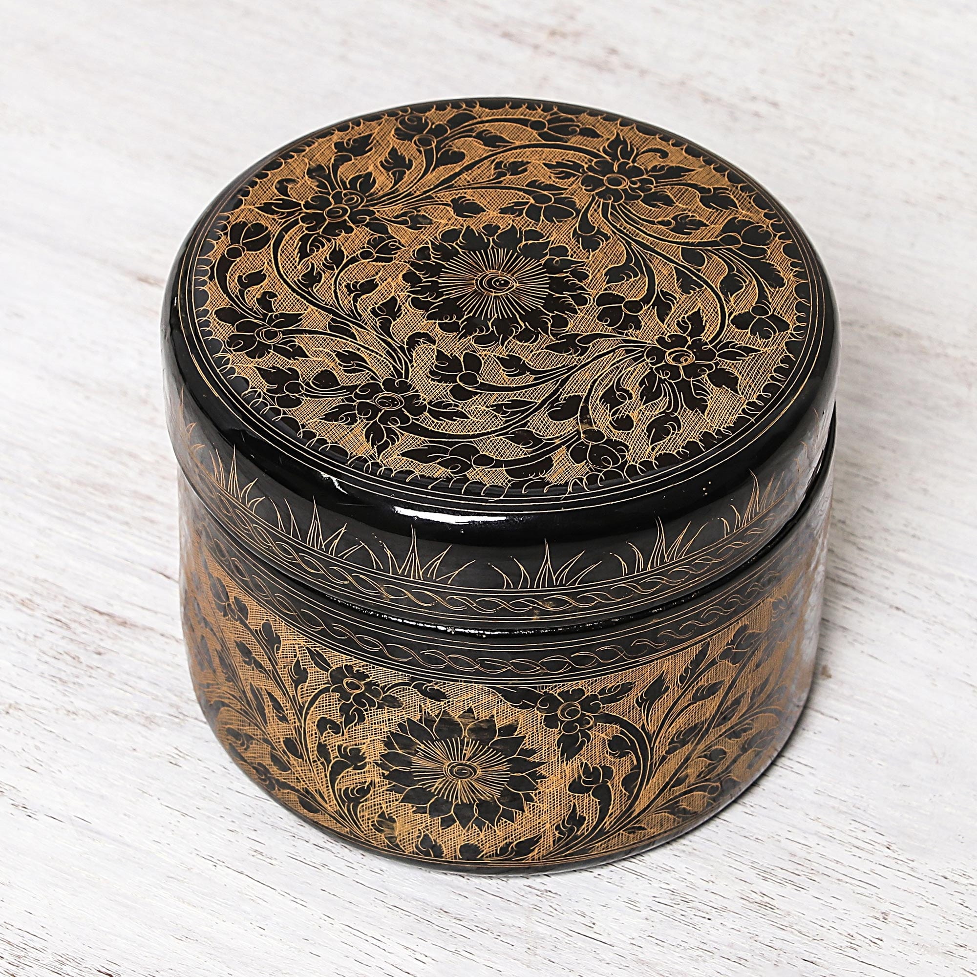 Round Mango Wood Decorative Box in Gold from Thailand - Exotic Flora in Gold