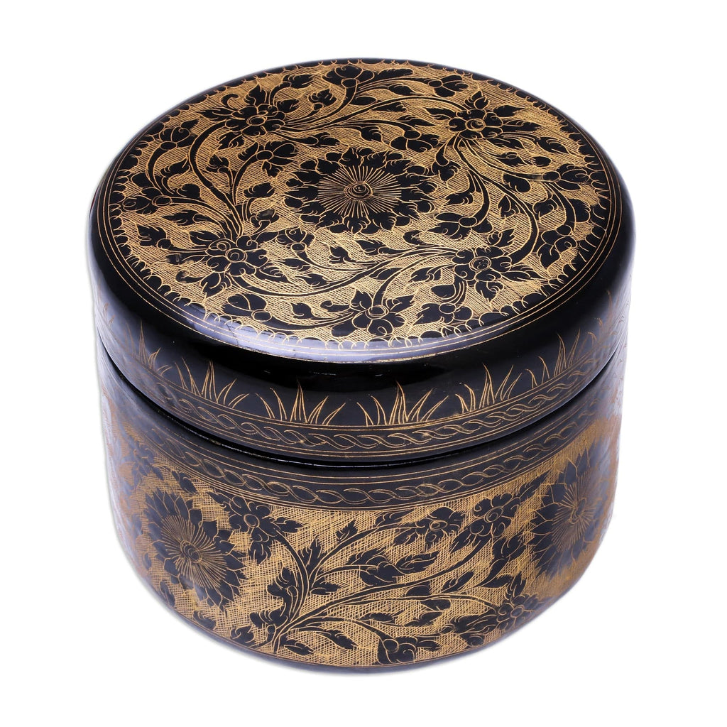 Round Mango Wood Decorative Box in Gold from Thailand - Exotic Flora in Gold