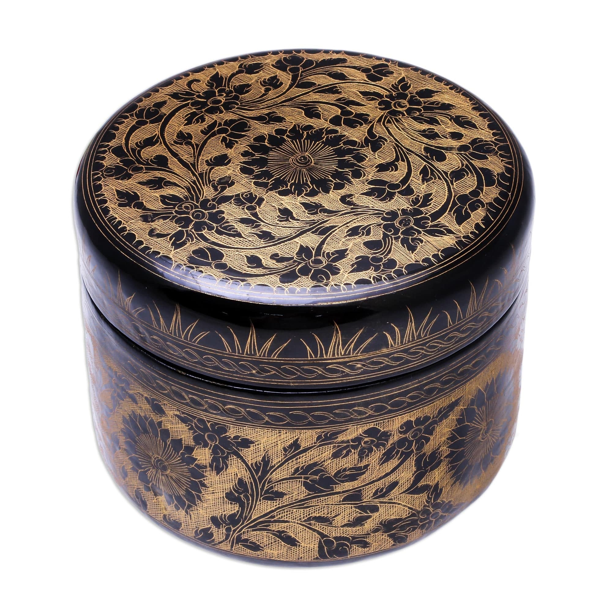 Round Mango Wood Decorative Box in Gold from Thailand - Exotic Flora in Gold