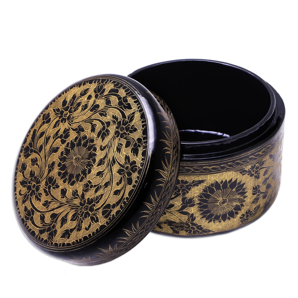 Round Mango Wood Decorative Box in Gold from Thailand - Exotic Flora in Gold