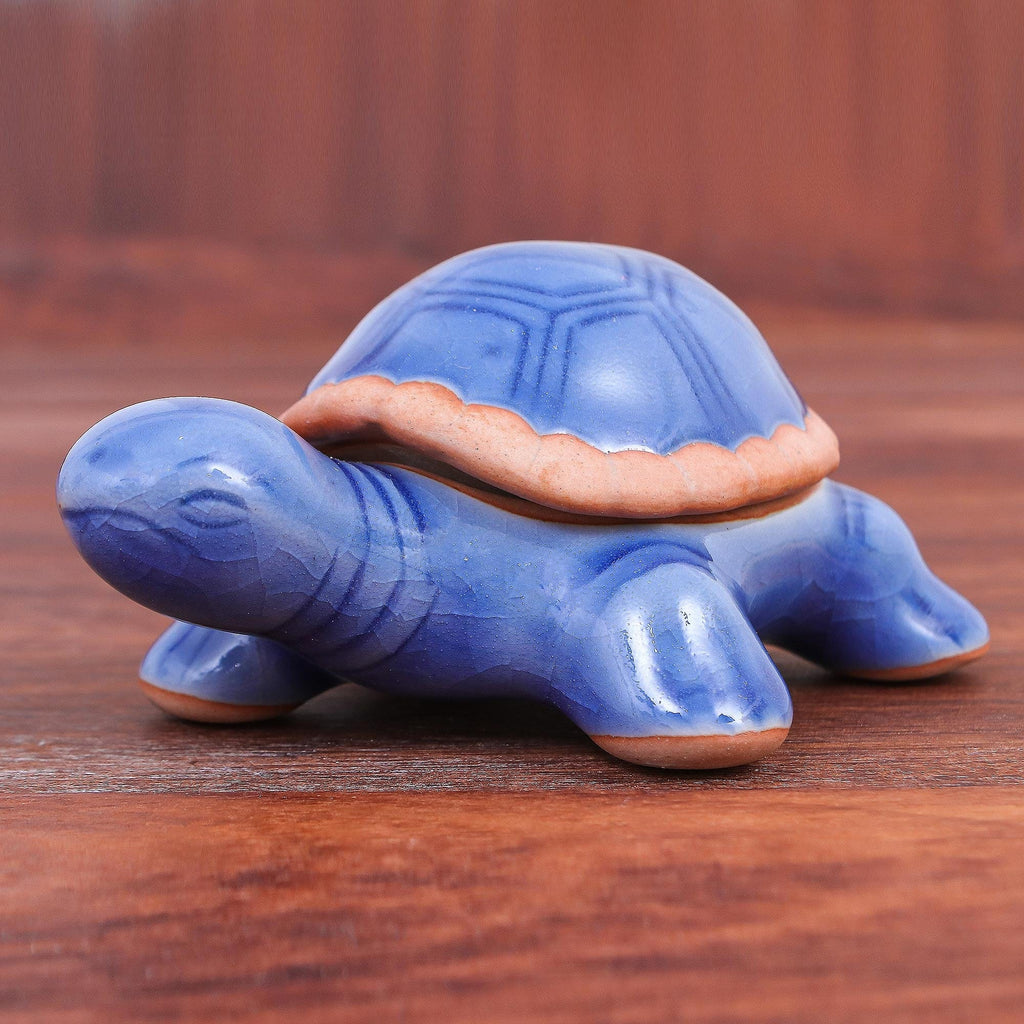 Handmade Celadon Ceramic Turtle Decorative Box - Blue Turtle