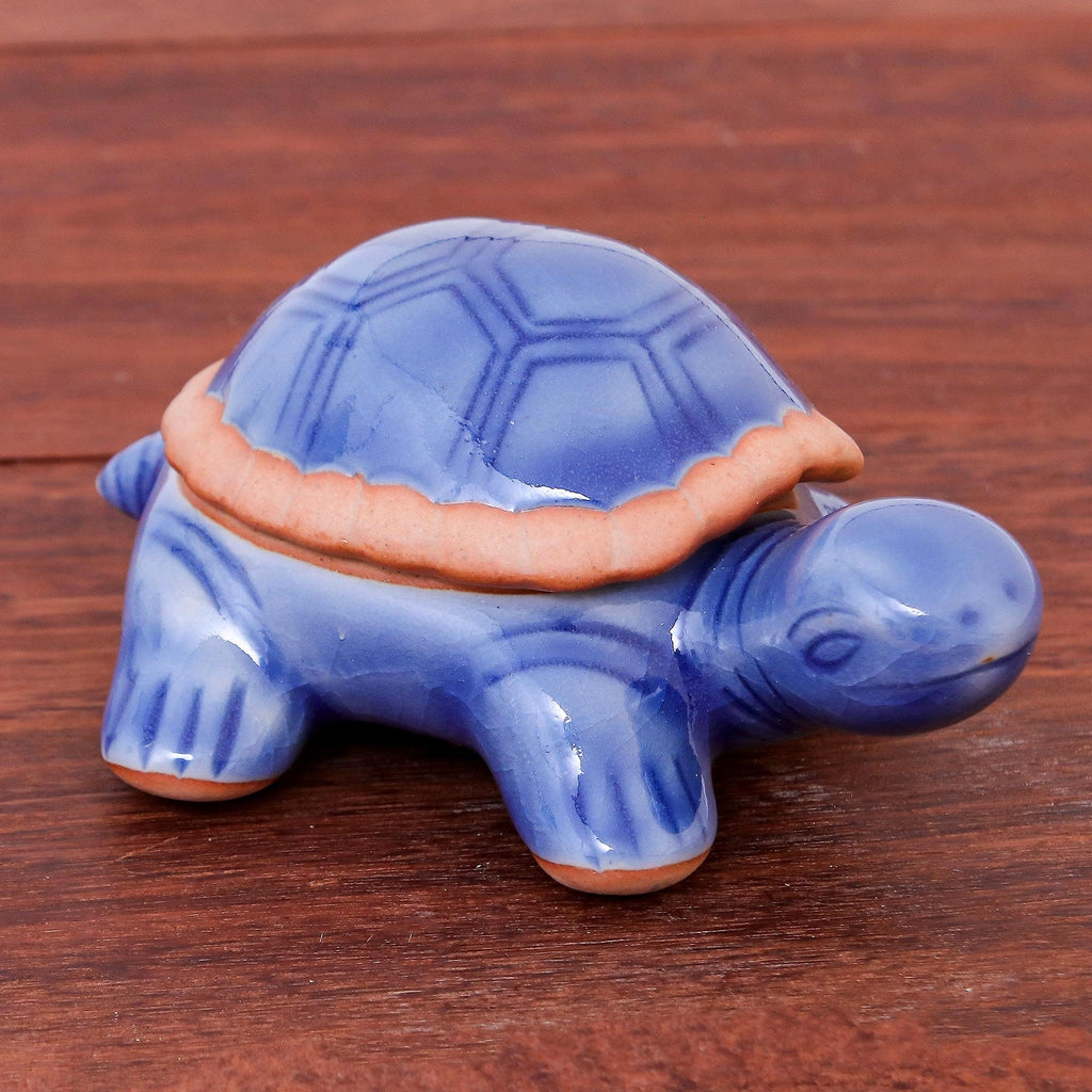 Handmade Celadon Ceramic Turtle Decorative Box - Blue Turtle