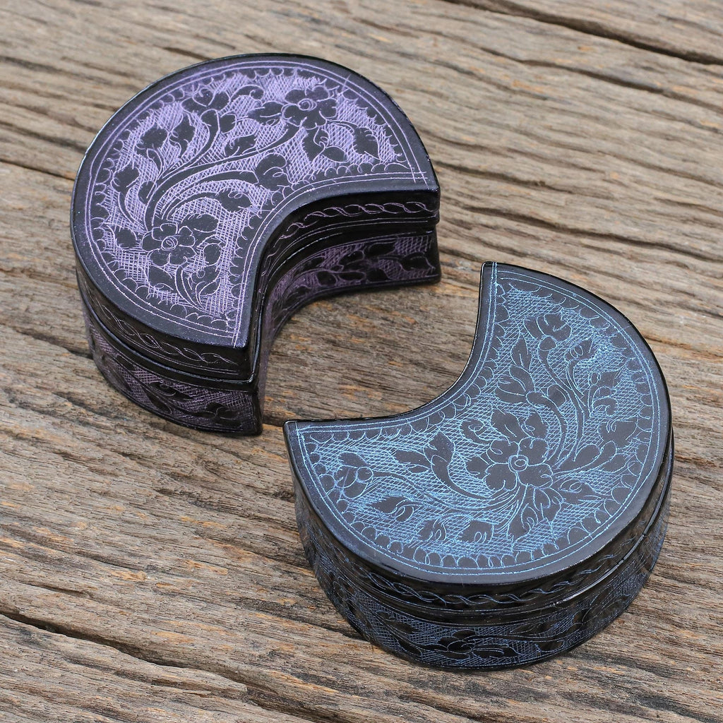 Blue and Purple Decorative Lacquerware Wood Boxes (Pair) - Crescent Dream in Midnight