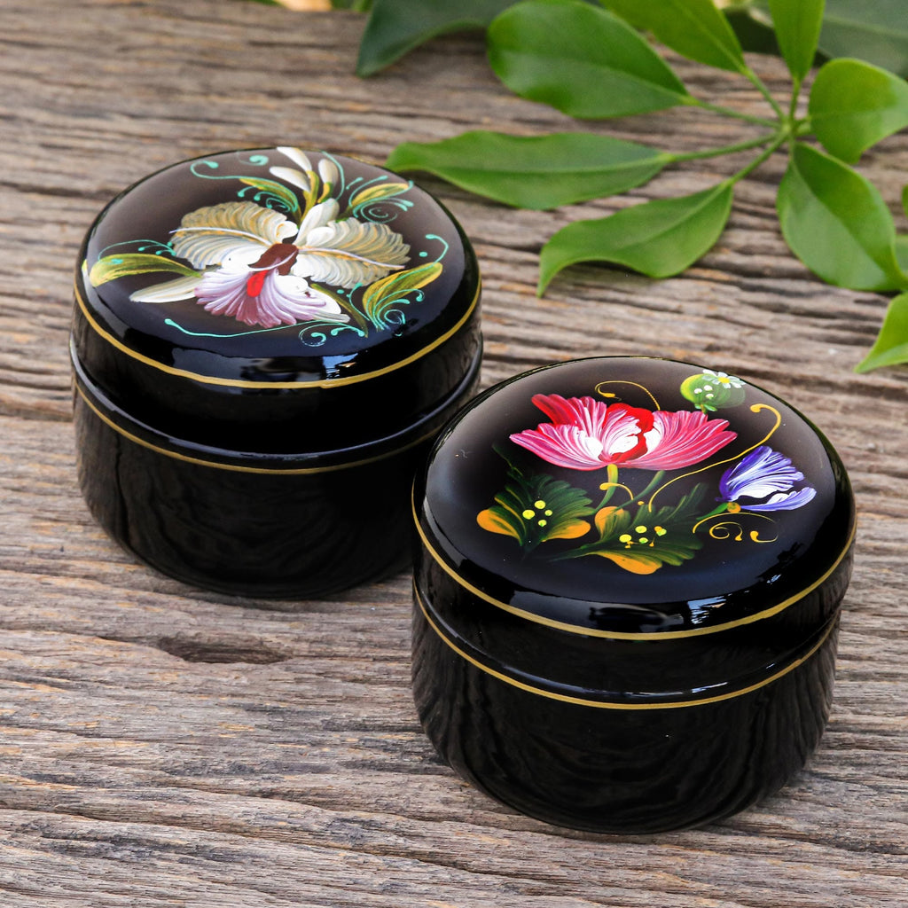 Hand Painted Lacquerware Wood Boxes (Pair) - Orchid and Poppy