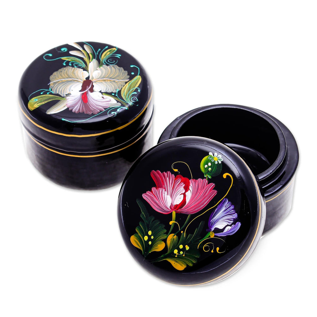 Hand Painted Lacquerware Wood Boxes (Pair) - Orchid and Poppy