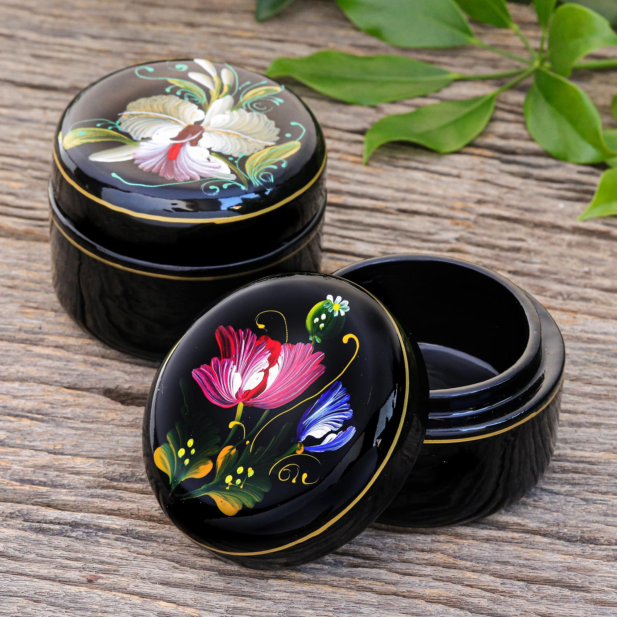 Hand Painted Lacquerware Wood Boxes (Pair) - Orchid and Poppy