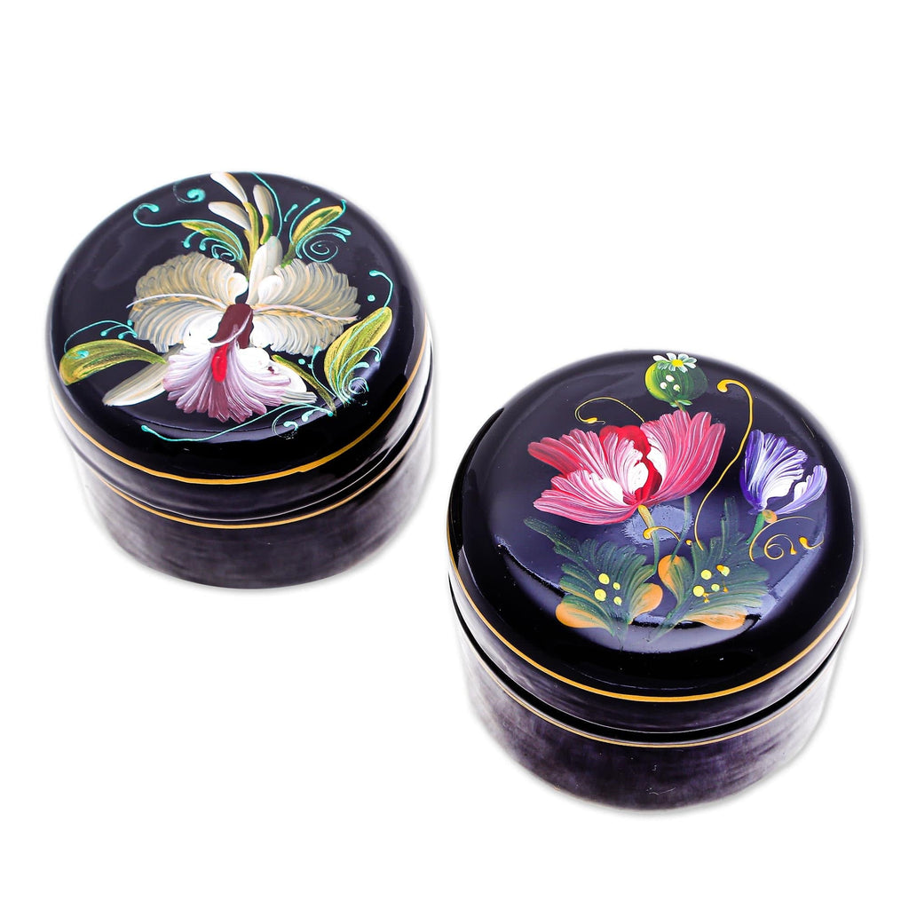 Hand Painted Lacquerware Wood Boxes (Pair) - Orchid and Poppy