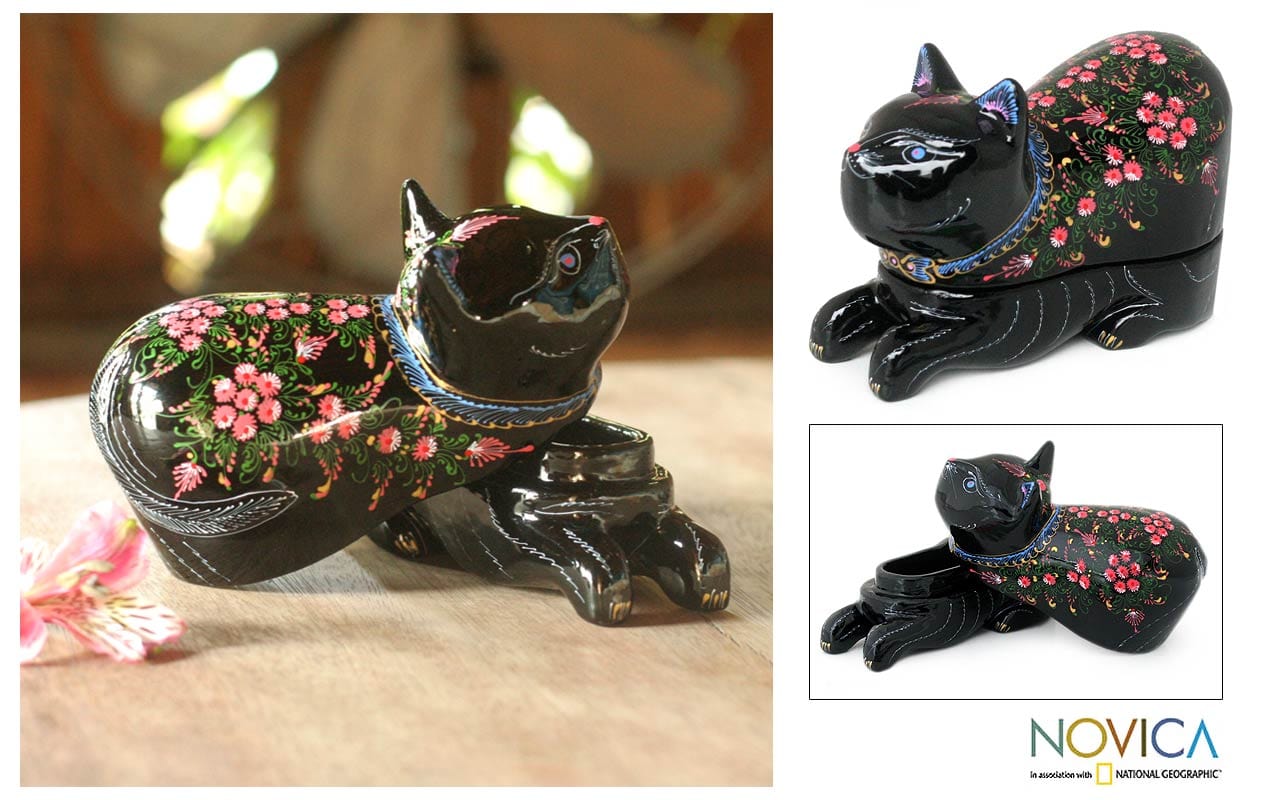 Fair Trade Lacquerware Mango Wood Decorative Box - The King's Kitty Cat