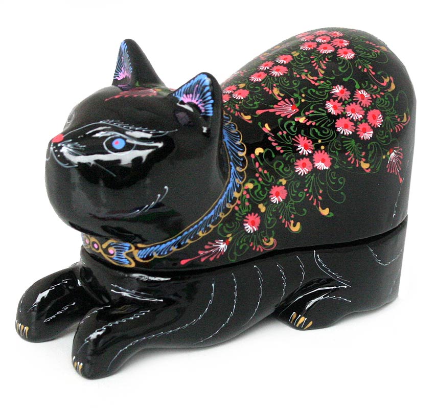 Fair Trade Lacquerware Mango Wood Decorative Box - The King's Kitty Cat
